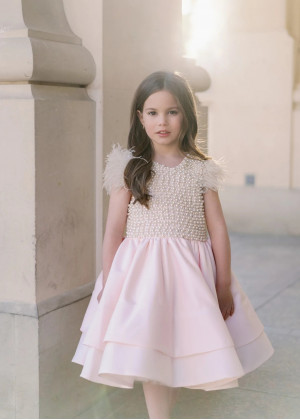 Light Pink Satin Pearl Embellished Flower Girl Dress